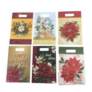 Assorted Small Holiday Themed Paper Gift Bags Poinsettias Bundle of Six